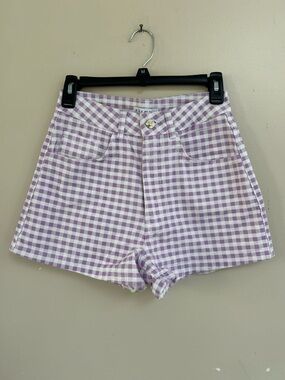 Denim&Co Lavender and White Gingham High-Waist Shorts